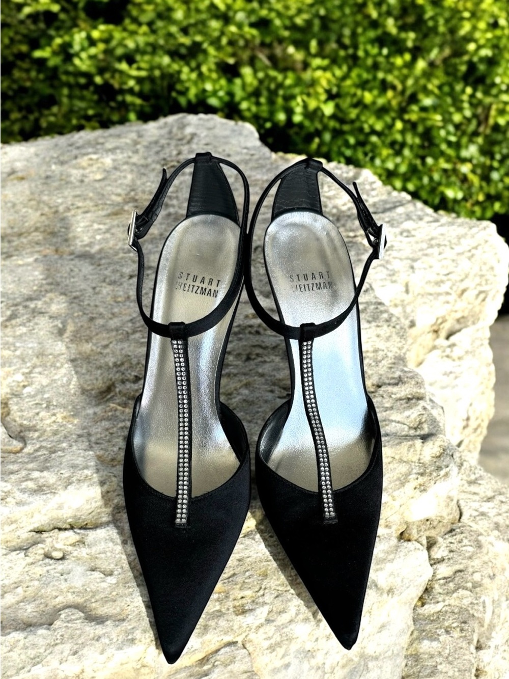 Stuart Weitzman Embellished Black Satin Pumps
